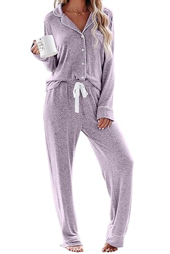 Aamikast Women's Pajama Sets Long Sleeve Button Down Sleepwear Nightwear Soft Pjs Lounge Sets - Lake Purple - Medium
