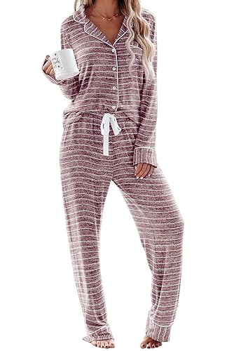 Aamikast Women's Pajama Sets Long Sleeve Button Down Sleepwear Nightwear Soft Pjs Lounge Sets - Stripes Pink - Medium