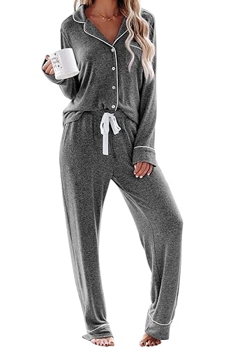 Aamikast Women's Pajama Sets Long Sleeve Button Down Sleepwear Nightwear Soft Pjs Lounge Sets - Dark Grey - Medium