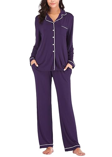 Aamikast Women's Pajama Sets Long Sleeve Button Down Sleepwear Nightwear Soft Pjs Lounge Sets - Purple - Medium