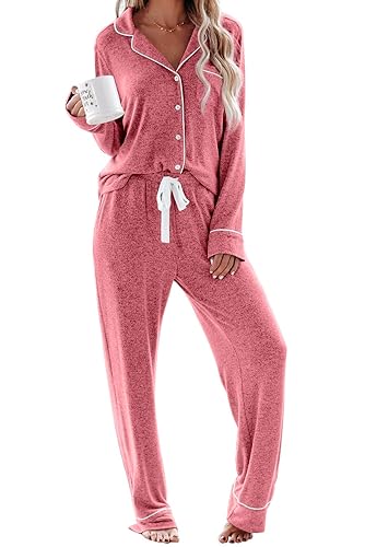 Aamikast Women's Pajama Sets Long Sleeve Button Down Sleepwear Nightwear Soft Pjs Lounge Sets - Lake Red - Medium