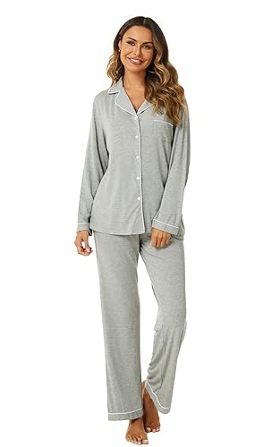 Aamikast Women's Pajama Sets Long Sleeve Button Down Sleepwear Nightwear Soft Pjs Lounge Sets - Snowflake Grey - Medium