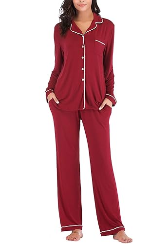 Aamikast Women's Pajama Sets Long Sleeve Button Down Sleepwear Nightwear Soft Pjs Lounge Sets - Red - Medium