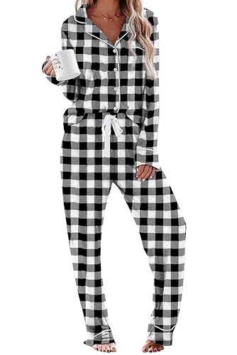 Aamikast Women's Pajama Sets Long Sleeve Button Down Sleepwear Nightwear Soft Pjs Lounge Sets - Plaid Black - Medium