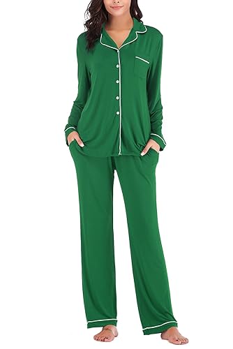 Aamikast Women's Pajama Sets Long Sleeve Button Down Sleepwear Nightwear Soft Pjs Lounge Sets - Green-1 - Medium