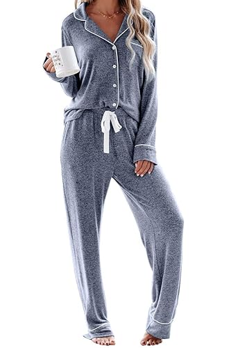 Aamikast Women's Pajama Sets Long Sleeve Button Down Sleepwear Nightwear Soft Pjs Lounge Sets - Blue - Medium