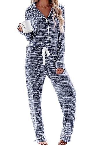 Aamikast Women's Pajama Sets Long Sleeve Button Down Sleepwear Nightwear Soft Pjs Lounge Sets - Stripes Blue - Medium