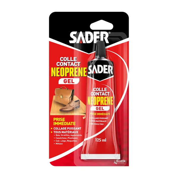 Sader Colle Contact Néoprène Gel – Colle Extra Forte Tous Matériaux – Prise Immédiate – Idéale pour Supports Poreux ou Verticaux – Transparente – Tube 125 ml