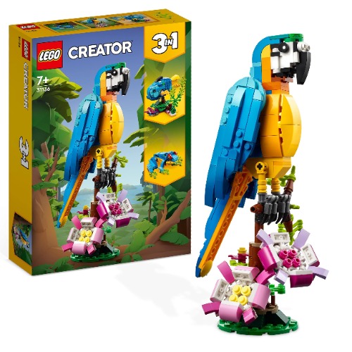 LEGO 31136 Creator 3-en-1 Le Perroquet Exotique, Jouet de Construction, Figurines Animaux de la Jungle, avec Grenouille et Poisson, Jeu Créatif Enfants Dès 7 Ans