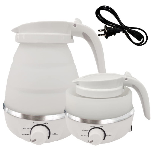 Electric Collapsible Adjustable Temperature Control Thermostatic Portable Travel Kettle with Food Grade Silicone, 5 Mins Fast Water Boiling, Auto Keep & Dry Boil Protection, Separable Power Cord,20oz - Thermostatic White