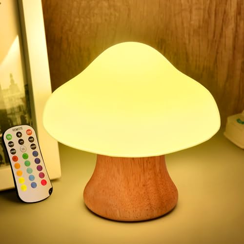 ANGTUO Wooden Mushroom Lamp 16 Color Changing and Dimmable Mushroom Night Light for Kids Adult Adorable Lamp with Two Remotes, Valentine's Day Gifts, White Elephant Gifts