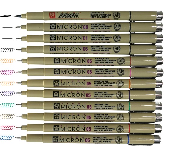 Sakura Pigma Micron pens 12 Fineliner Drawing Set (05 Assorted Color with Black Brush, 08, 01 & 05) - 