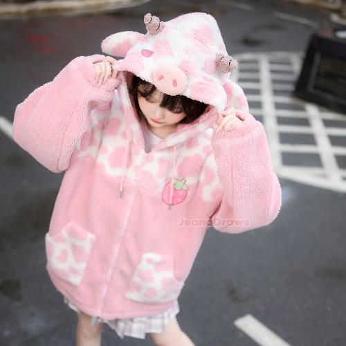 Strawberry Cow Zip Up Hoodie - 2XL