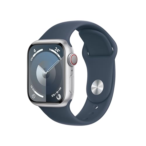 Apple Watch Series 9 (GPS + Cellular, 41 mm) Smartwatch mit Aluminiumgehäuse in Silber und Sportarmband S/M in Sturmblau. Fitnesstracker, Blutsauerstoff und EKG Apps, Always-On Retina Display - Sportarmband - 41 mm Gehäuse - Silber/Sturmblau - S/M - für 130–180 mm Umfang