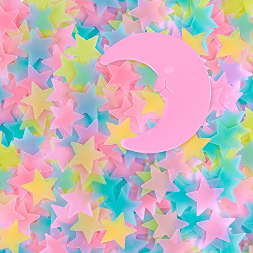 AM AMAONM 200 Pcs Glow in The Dark Luminous Colorful Stars and Pink Moon Fluorescent Noctilucent Plastic Wall Stickers Murals Decals for Home Art Decor Ceiling Wall Decorate Kids Babys Bedroom Room Decorations - Pink Moon and Star
