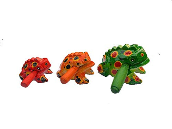 Guiros Percussion Instruments Wooden Frog 3 Piece Set of 4 Inch, 3 Inch, 2.75 Inch, Wooden Frog Musical Instrument (Green/Orange/Red Color) - Green/Orange/Red Color