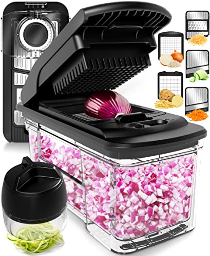 Fullstar All-in-1 Vegetable Chopper, Mandoline Slicer & Cheese Grater | Multi Blade French Fry Cutter & Veggie Dicer | Includes Bonus Handheld Spiralizer & Kitchen Gadgets - Black / Stainless Steel