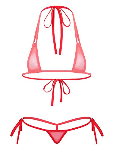 FEESHOW Women Two-Piece See-Through Mesh Strappy Micro Bikini Set Lace-Up Bras Underwear