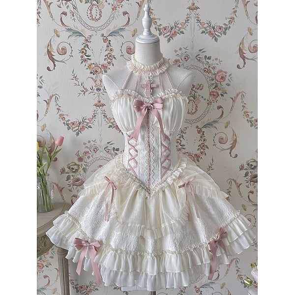 Color IVORY&PINK Cross Belle Halter Neckline Slim Bodice Short Skirt Lolita Dress Six Color Options Lolita JSK