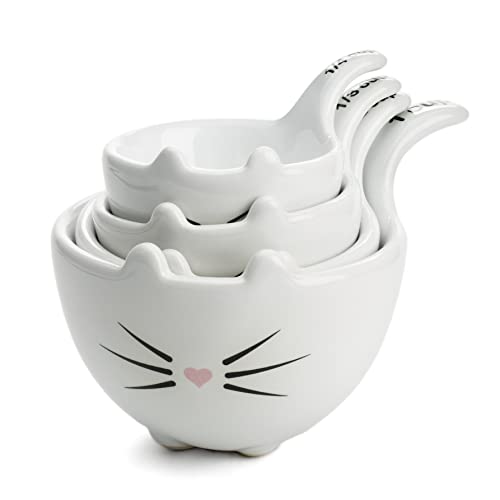 White Ceramic Cat Measuring Cups: Set of Cat Shaped Bowls - 1 Cup, 1/2 Cup, 1/3 Cup and 1/4 Cup - Cat Measuring Cup