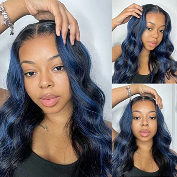 Beauty Forever Blue Highlights Wig Body Wave 13x4 Lace Front Wigs Black With Blue Highlights Human Hair Wigs For Women,Blue Dream Colored Wigs 150% Density Pre Plucked Wigs 24 inch
