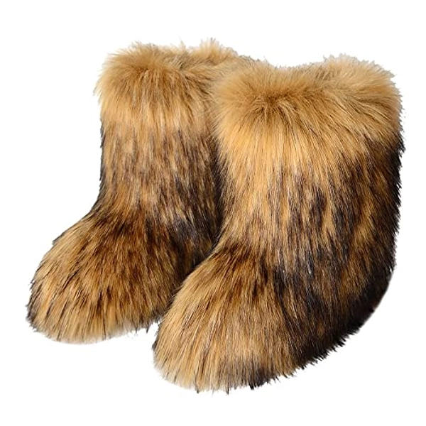BININBOX Faux Fur Boots for Women Fuzzy Fluffy Furry Round Toe Suede Winter Comfy Plush Warm Short Snow Bootie Flat Shoes Mid-Calf Boots Outdoor Indoor