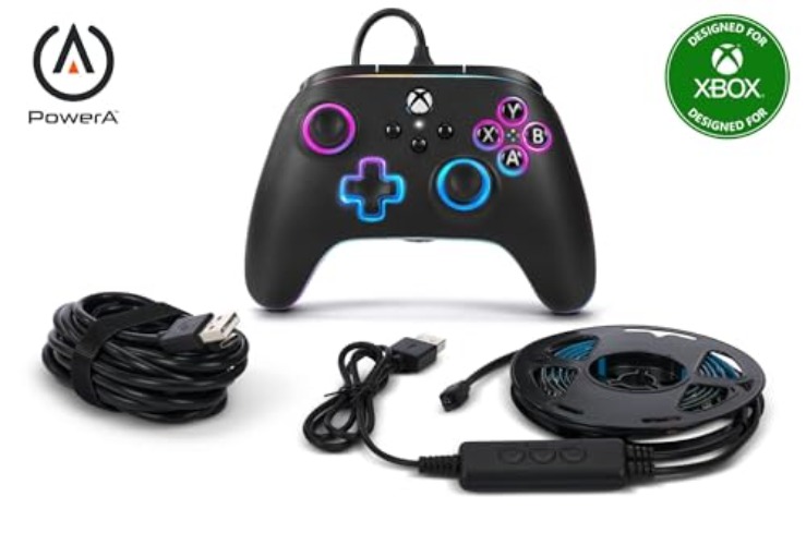 PowerA Advantage Wired Controller for Xbox Series X|S with Lumectra + RGB LED Strip - Black, gamepad, wired video game controller, gaming controller, works with Xbox One and Windows 10/11, Officially Licensed for Xbox - Black/LED - Bundle