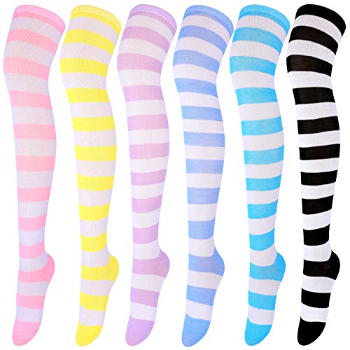 Aneco 6 Pairs Striped Over Knee High Socks Stripe High Thigh Stockings Women Long Socks for Daily Wear, Cosplay - Medium - Mixed Candy Color Stripes