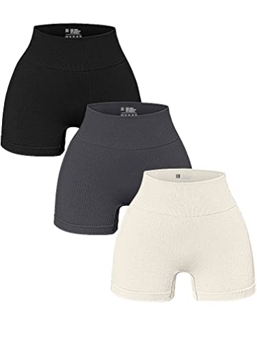 OQQ 3 Piece for Women Yoga Shorts Workout Athletic Seamless High Wasit Gym Leggings - Medium - Black/Grey/Beige