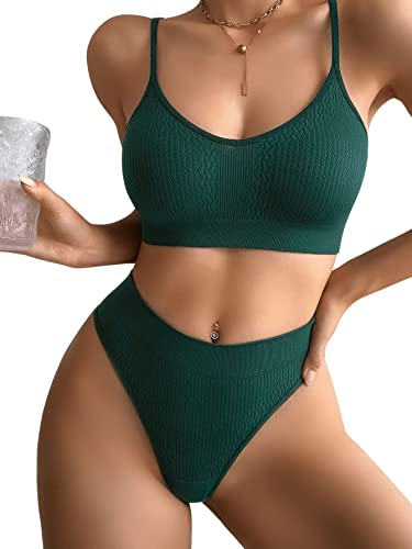 SweatyRocks Women's Cute Two Piece Lingerie Set Seamless Wireless Bra and Thong Panty Set Underwear - Medium - Dark Green