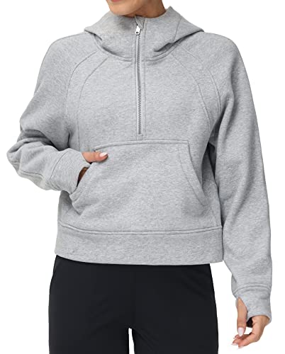 Dragon Fit Women Half Zippe Hoodies Collar Pullover Sweatshirts with Pockets Long Sleeve Crop Tops Thumb Hole - Medium - Grey