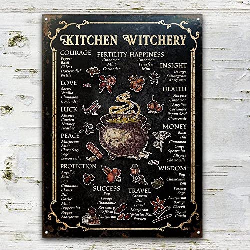 DZQUY Witch Kitchen Witchery Metal , Vintage Rust Styled House Decor Witches Magic Knowledge Blessing Incense Artwork Tin Signs For Bar, Black, 8 x 12 Inch