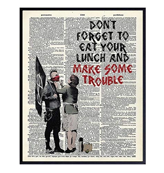 Banksy Make Some Trouble - Wall Art Print on Photo of Dictionary Page - Makes a Great Gift for Home Decor, Living Room, Bedroom - Steampunk Chic - Ready to Frame (8X10) Vintage Photo