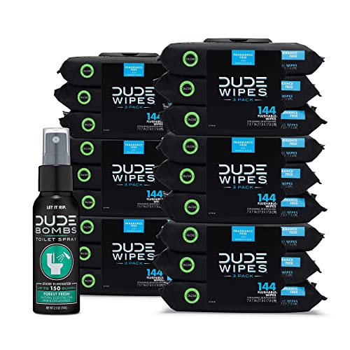 DUDE Wipes - Flushable Wipes with DUDE Bombs Toilet Spray - 18 Pack, 864 Wipes + 1 Spray Bottle - Unscented Extra-Large Adult Wet Wipes with Vitamin-E & Aloe - Forest Fresh Stank Eliminator - Fragrance Free - 48 Count (Pack of 18)