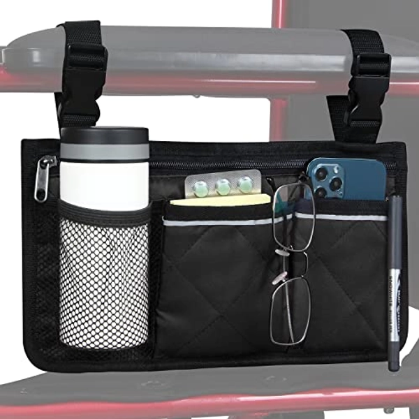 HSGEZUOQI Wheelchair Side Bag, Armrest Storage Pouch with Cup Holder and Reflective Strip for Most Wheelchairs, Walkers or Rollators (Black)