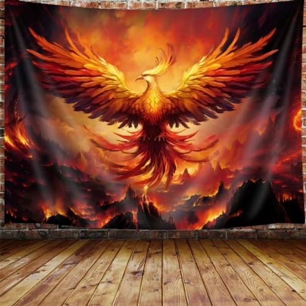 JAWO Fantasy Phoenix Bird Small Tapestry for Men, Red Anime Animal Hippie Tapestry Wall Hanging for Bedroom, Aesthetic Cool Tapestry Beach Blanket College Dorm Home Decor (60" W X 40" H)
