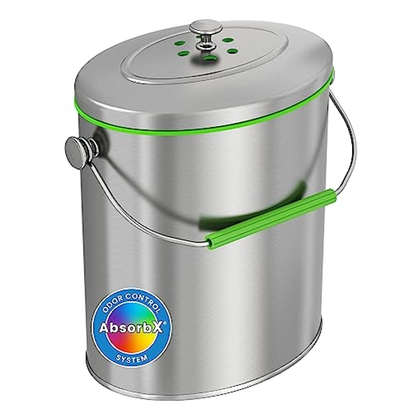 iTouchless Stainless Steel Compost Bin 1.6 Gallon Includes AbsorbX Odor Filter System, Titanium Rust-Free Space-efficient Slim Oval Shape 6 Liter Kitchen Countertop Trash Can