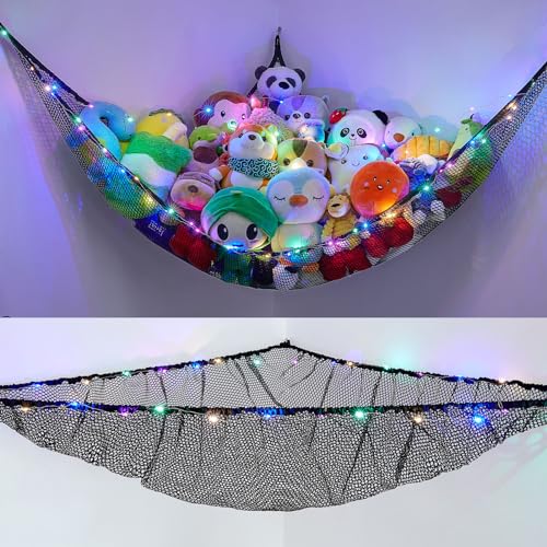 Stuffed Animals Net or Hammock Kids Toy Storage Organizer with LED Light Unicorn Castle Hanging Corner Stuffed Animals Holder Kids Girls Room Decor - Black