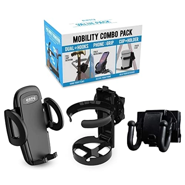 Mobility Combo Pack, Hook, Phone and Cup Holder for Walker, Portable Beverage Holder for Wheelchair and Strollers, Easy to Install Stretch Strap Fits up to 2â Diameter