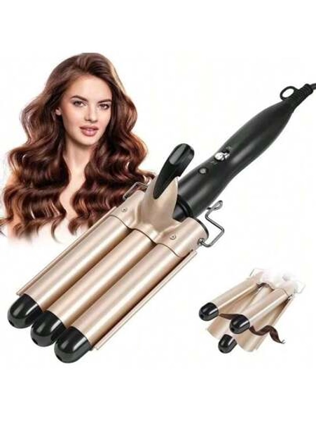 3-Barrel Lockenstab, 25mm (1 Zoll) Jumbo 1,25 Zoll (32mm) Professioneller Lockenstab, Schnell beheizbare tragbare Kräuseleisen für Welleneffekt, Einstellbarer Lockenstab mit Eirollenstil, US-amerikanisches Haarstyling-Werkzeug für lässige Wellen (Rosa/Gold)