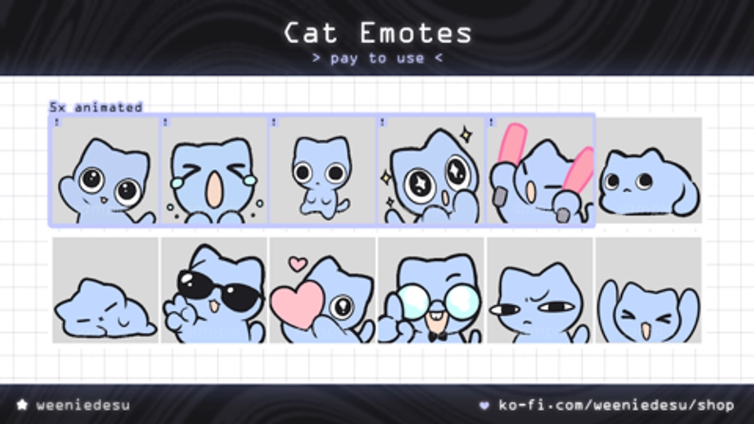 ☆ [P2U] 12 Blue Cat Emotes Pack【5 animated emotes included】 Twitch/Discord/Youtube