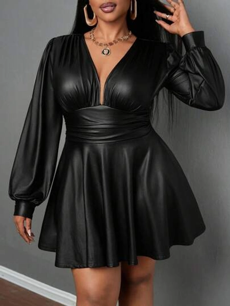 Slaydiva 2024 Holiday New Year Valentine's Elegant Black PU V-Neck Peplum Long Sleeve Plus Size Women Versatile Dress, Mini Length Suitable For Spring & Autumn