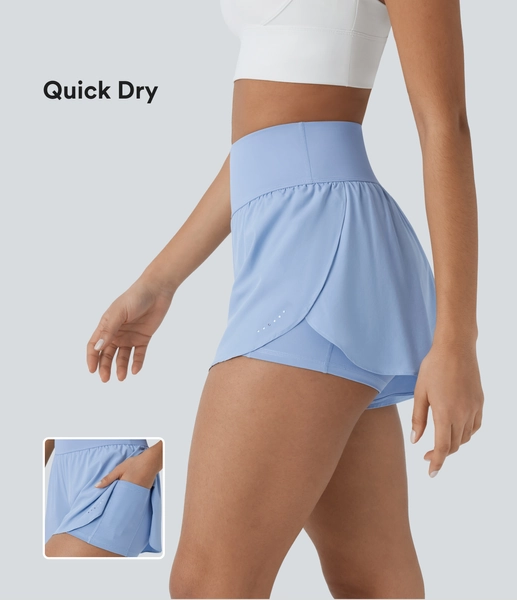 Softlyzero™ QuickDry High Waisted Reflective Dots Crossover Hem 2-in-1 Side Pockets Running Shorts