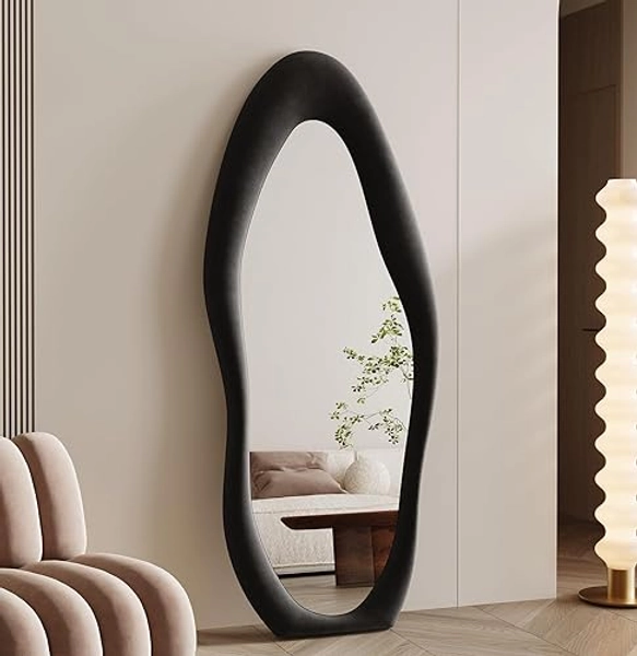 Full Length Mirror 63"x24", Irregular Wavy Mirror, Arched Floor Mirror, Wall Mirror Standing Hanging or Leaning Against Wall for Bedroom, Flannel Wrapped Wooden Frame Mirror-Black