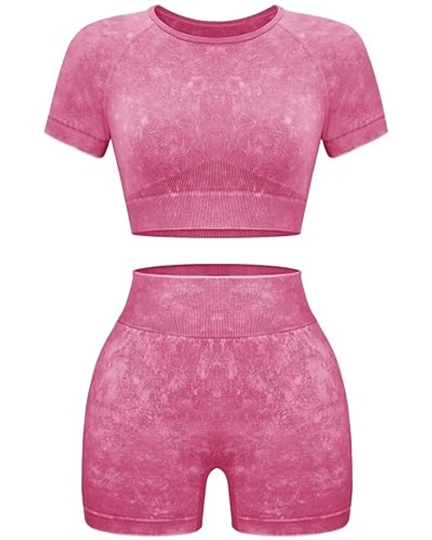 OLCHEE Womens Workout Sets 2 Piece - Seamless Acid Wash Yoga Outfits Shorts and Crop Top Matching Gym Athletic Clothing Set
