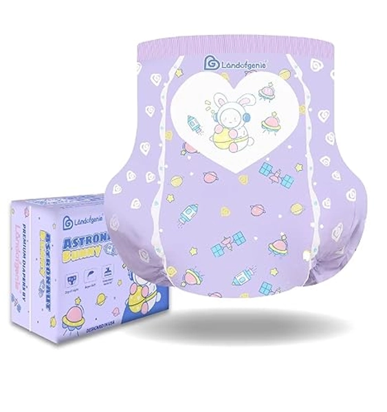 Landofgenie Adult Diapers Incontinence Underwear Large Overnight Printed Diapers with Tabs 10 Pieces - Astronaut Bunny (Large 36"-48")