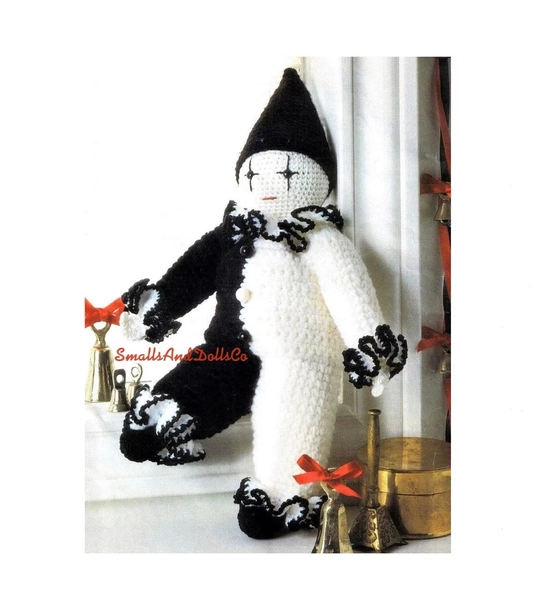 Vintage Crochet Pattern 15" French Mime Pierrot Clown Doll PDF Instant Digital Download Black White Clown Amigurumi Plush Stuffed Toy 10 Ply