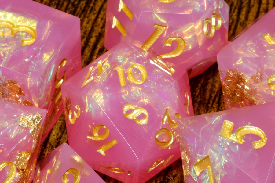 Mystic Dream dice set - Milky pink sharp edge dice set with holographic foil and gold flakes, TTRPG | Dice Game