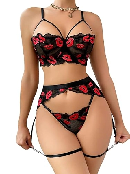 Sexy Floral Lace Cut out Underwire Garter Belt Bra and Panty Lingerie Set with Leg Rings