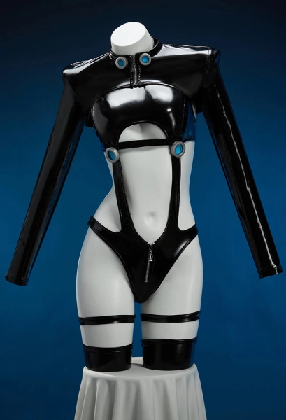 GANTZ Shimohira Reika Derivative Sexy Cosplay Dessous Set Cosplay Kostüm Lingerie Cut Out Bodysuit mit kurzer Jacke Ledersocken